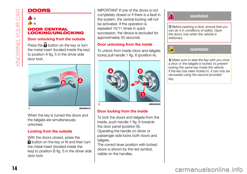 Abarth 500 2017  Owner handbook (in English) DOORS
7)
1)
DOOR CENTRAL
LOCKING/UNLOCKING
Door unlocking from the outside
Press the
button on the key or turn
the metal insert (located inside the key)
to position A fig. 5 in the driver side
door lo