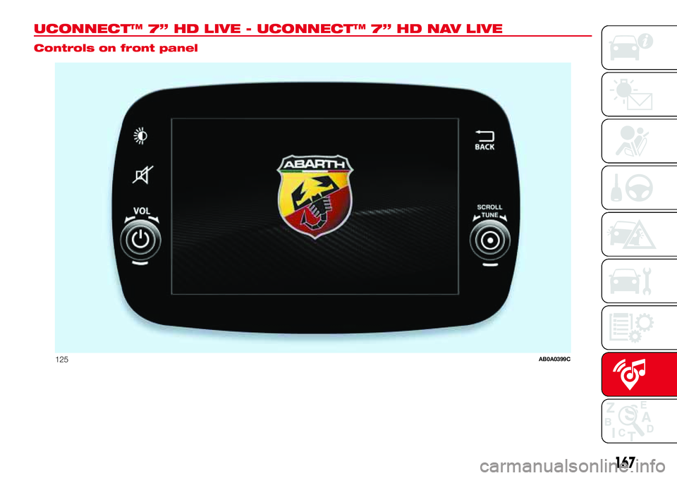 Abarth 500 2017 Owner handbook (in English) UCONNECT™ 7” HD LIVE - UCONNECT™ 7” HD NAV LIVE.
Controls on front panel
125AB0A0399C
167 Abarth 500 2017 Owner handbook (in English) UCONNECT™ 7” HD LIVE - UCONNECT™ 7” HD NAV LIVE.
Controls on front panel
125AB0A0399C
167