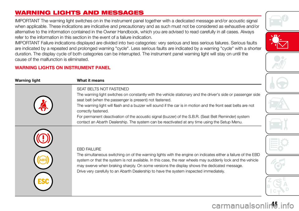 Abarth 500 2017 Owner handbook (in English) WARNING LIGHTS AND MESSAGES
IMPORTANT The warning light switches on in the instrument panel together with a dedicated message and/or acoustic signal
when applicable. These indications are indicative a Abarth 500 2017 Owner handbook (in English) WARNING LIGHTS AND MESSAGES
IMPORTANT The warning light switches on in the instrument panel together with a dedicated message and/or acoustic signal
when applicable. These indications are indicative a