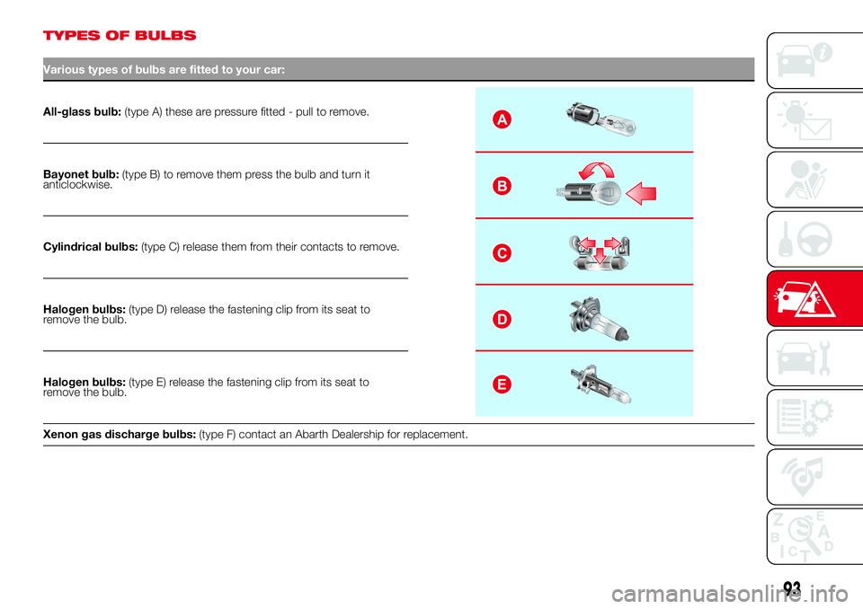 Abarth 500 2017  Owner handbook (in English) TYPES OF BULBS
Various types of bulbs are fitted to your car:
All-glass bulb:(type A) these are pressure fitted - pull to remove.A
B
C
D
E
Bayonet bulb:(type B) to remove them press the bulb and turn 