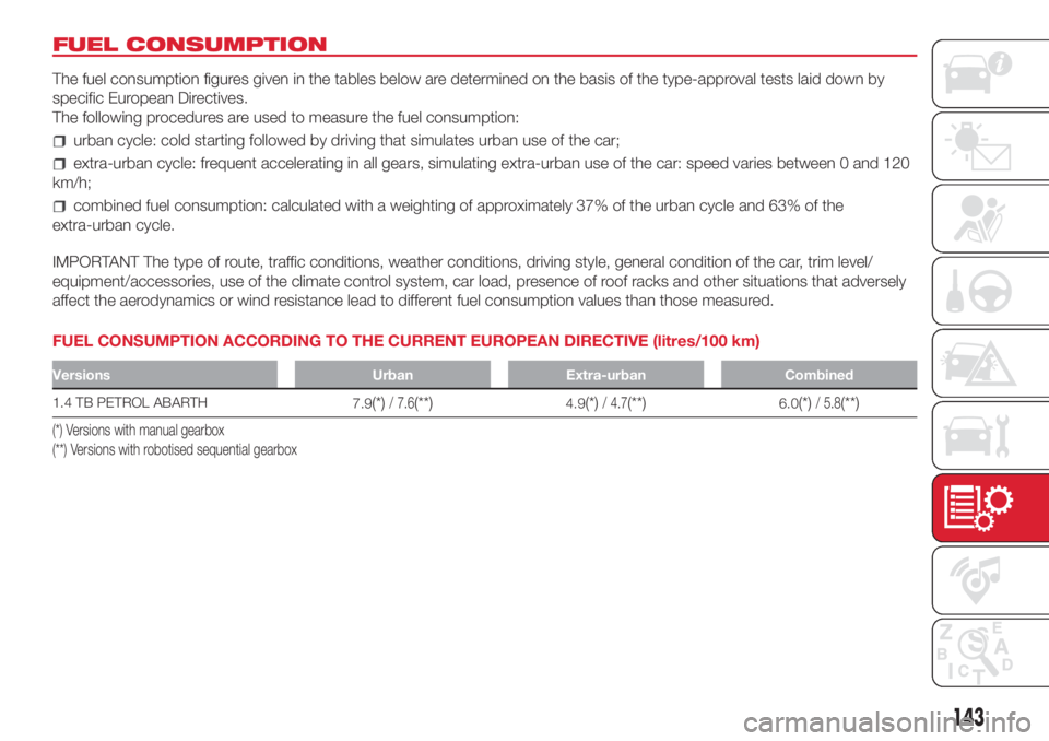 Abarth 500 2018  Owner handbook (in English) FUEL CONSUMPTION
The fuel consumption figures given in the tables below are determined on the basis of the type-approval tests laid down by
specific European Directives.
The following procedures are u