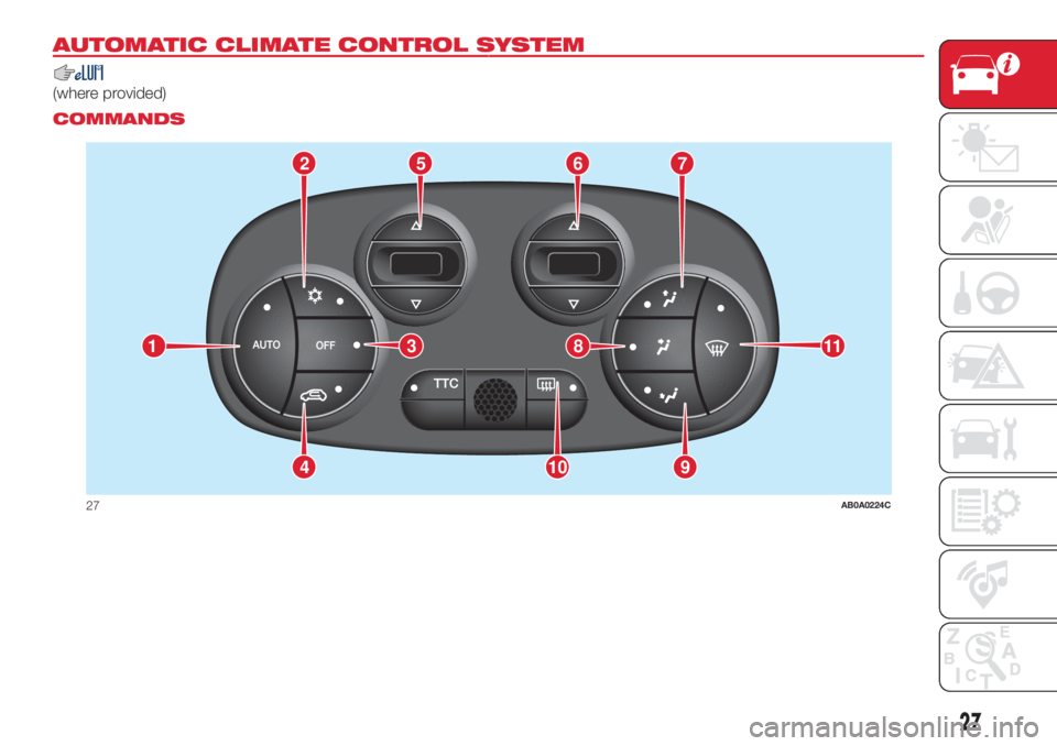 Abarth 500 2018  Owner handbook (in English) AUTOMATIC CLIMATE CONTROL SYSTEM.
(where provided).
COMMANDS
2765
9104
11381
27AB0A0224C
27 