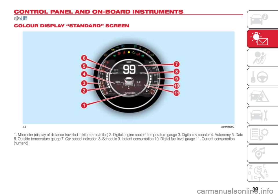 Abarth 500 2018  Owner handbook (in English) CONTROL PANEL AND ON-BOARD INSTRUMENTS
.
COLOUR DISPLAY “STANDARD” SCREEN
1. Milometer (display of distance travelled in kilometres/miles) 2. Digital engine coolant temperature gauge 3. Digital re