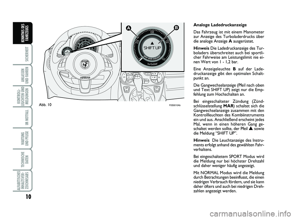 Abarth 500 2010 Betriebsanleitung (in German) 10
SICHERHEIT
ANLASSEN
UND FAHREN
KONTROLL-
LEUCHTEN UND
MELDUNGEN
IM NOTFALL
WARTUNG
UND PFLEGE
TECHNISCHE
DATEN
ALFABETISCHES
INHALTSVER-
ZEICHNISABS
KENNTNIS DES
FAHRZEUGS
Analoge Ladedruckanzeige Abarth 500 2010 Betriebsanleitung (in German) 10
SICHERHEIT
ANLASSEN
UND FAHREN
KONTROLL-
LEUCHTEN UND
MELDUNGEN
IM NOTFALL
WARTUNG
UND PFLEGE
TECHNISCHE
DATEN
ALFABETISCHES
INHALTSVER-
ZEICHNISABS
KENNTNIS DES
FAHRZEUGS
Analoge Ladedruckanzeige