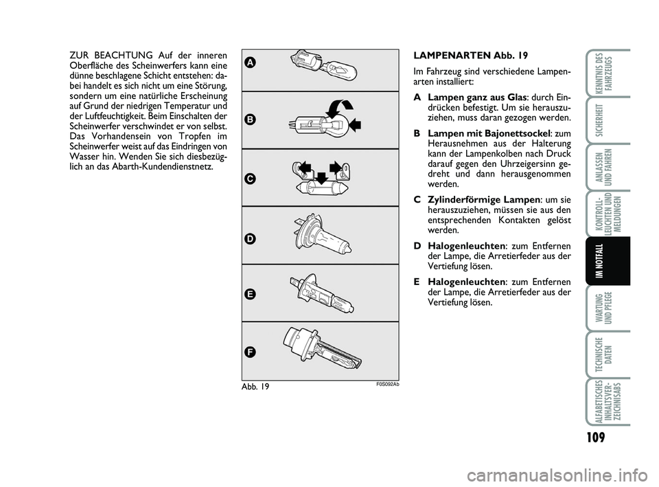Abarth 500 2010  Betriebsanleitung (in German) 109
KONTROLL-
LEUCHTEN UND
MELDUNGEN
WARTUNG 
UND PFLEGE
TECHNISCHE
DATEN
ALFABETISCHES
INHALTSVER-
ZEICHNISABS
KENNTNIS DES
FAHRZEUGS
SICHERHEIT
ANLASSEN 
UND FAHREN
IM NOTFALL
LAMPENARTEN Abb. 19
Im