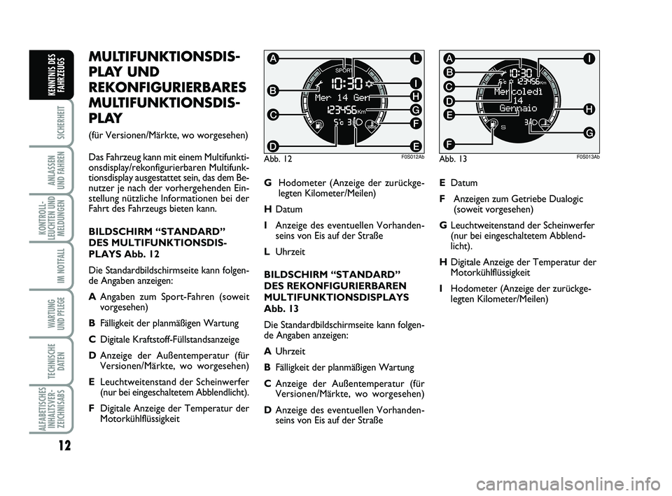 Abarth 500 2010 Betriebsanleitung (in German) 12
SICHERHEIT
ANLASSEN
UND FAHREN
KONTROLL-
LEUCHTEN UND
MELDUNGEN
IM NOTFALL
WARTUNG
UND PFLEGE
TECHNISCHE
DATEN
ALFABETISCHES
INHALTSVER-
ZEICHNISABS
KENNTNIS DES
FAHRZEUGS
MULTIFUNKTIONSDIS-
PLAY Abarth 500 2010 Betriebsanleitung (in German) 12
SICHERHEIT
ANLASSEN
UND FAHREN
KONTROLL-
LEUCHTEN UND
MELDUNGEN
IM NOTFALL
WARTUNG
UND PFLEGE
TECHNISCHE
DATEN
ALFABETISCHES
INHALTSVER-
ZEICHNISABS
KENNTNIS DES
FAHRZEUGS
MULTIFUNKTIONSDIS-
PLAY
