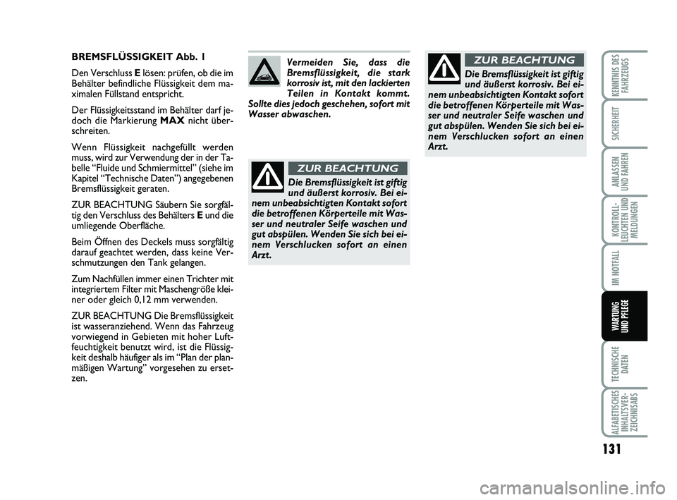 Abarth 500 2010  Betriebsanleitung (in German) 131
KONTROLL-
LEUCHTEN UND
MELDUNGEN
TECHNISCHE
DATEN
ALFABETISCHES
INHALTSVER-
ZEICHNISABS
KENNTNIS DES
FAHRZEUGS
SICHERHEIT
ANLASSEN 
UND FAHREN
IM NOTFALL
WARTUNG 
UND PFLEGE
BREMSFLÜSSIGKEIT Abb.