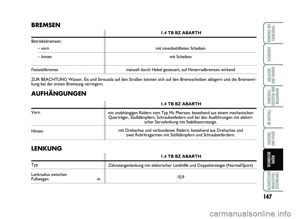 Abarth 500 2010  Betriebsanleitung (in German) 147
KONTROLL-
LEUCHTEN UND
MELDUNGEN
ALFABETISCHES
INHALTSVER-
ZEICHNISABS
KENNTNIS DES
FAHRZEUGS
SICHERHEIT
ANLASSEN 
UND FAHREN
IM NOTFALL
WARTUNG 
UND PFLEGE
TECHNISCHE
DATEN
AUFHÄNGUNGEN
1.4 TB B