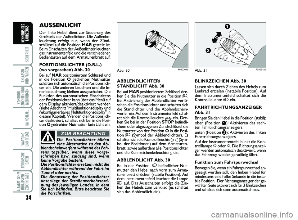 Abarth 500 2010  Betriebsanleitung (in German) 34
SICHERHEIT
ANLASSEN 
UND FAHREN
KONTROLL-
LEUCHTEN UND
MELDUNGEN
IM NOTFALL
WARTUNG 
UND PFLEGE
TECHNISCHE
DATEN
ALFABETISCHES
INHALTSVER-
ZEICHNISABS
KENNTNIS DES
FAHRZEUGS
ABBLENDLICHTER/
STANDLI