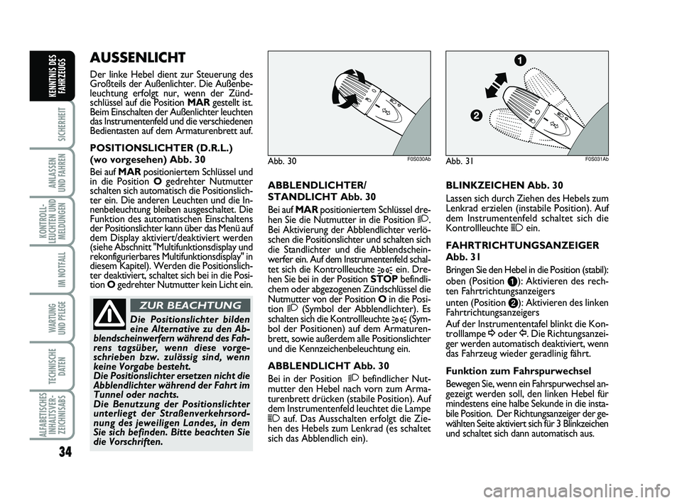 Abarth 500 2010 Betriebsanleitung (in German) 34
SICHERHEIT
ANLASSEN
UND FAHREN
KONTROLL-
LEUCHTEN UND
MELDUNGEN
IM NOTFALL
WARTUNG
UND PFLEGE
TECHNISCHE
DATEN
ALFABETISCHES
INHALTSVER-
ZEICHNISABS
KENNTNIS DES
FAHRZEUGS
ABBLENDLICHTER/
STANDLI Abarth 500 2010 Betriebsanleitung (in German) 34
SICHERHEIT
ANLASSEN
UND FAHREN
KONTROLL-
LEUCHTEN UND
MELDUNGEN
IM NOTFALL
WARTUNG
UND PFLEGE
TECHNISCHE
DATEN
ALFABETISCHES
INHALTSVER-
ZEICHNISABS
KENNTNIS DES
FAHRZEUGS
ABBLENDLICHTER/
STANDLI