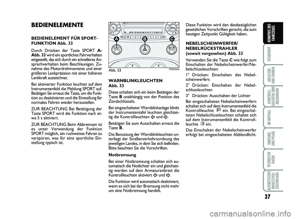 Abarth 500 2010  Betriebsanleitung (in German) 37
SICHERHEIT
ANLASSEN 
UND FAHREN
KONTROLL-
LEUCHTEN UND
MELDUNGEN
IM NOTFALL
WARTUNG 
UND PFLEGE
TECHNISCHE
DATEN
ALFABETISCHES
INHALTSVER-
ZEICHNISABS
KENNTNIS DES
FAHRZEUGS
BEDIENELEMENTE
BEDIENEL