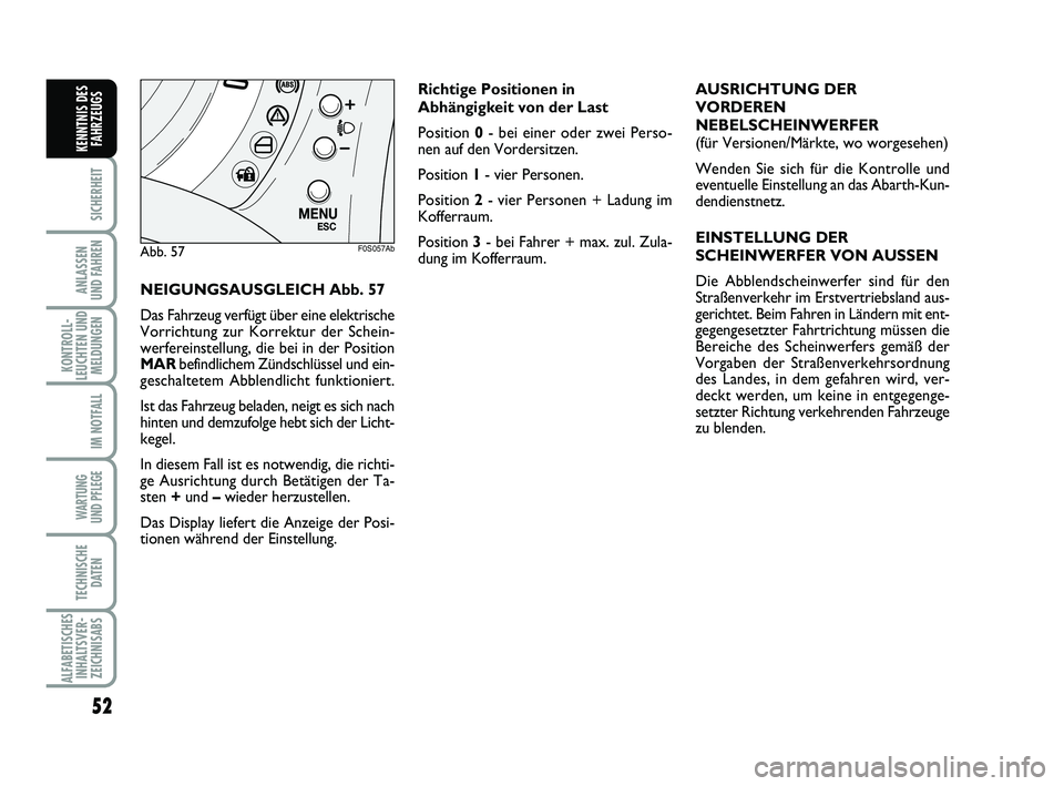 Abarth 500 2010 Betriebsanleitung (in German) 52
SICHERHEIT
ANLASSEN
UND FAHREN
KONTROLL-
LEUCHTEN UND
MELDUNGEN
IM NOTFALL
WARTUNG
UND PFLEGE
TECHNISCHE
DATEN
ALFABETISCHES
INHALTSVER-
ZEICHNISABS
KENNTNIS DES
FAHRZEUGS
NEIGUNGSAUSGLEICH Abb. Abarth 500 2010 Betriebsanleitung (in German) 52
SICHERHEIT
ANLASSEN
UND FAHREN
KONTROLL-
LEUCHTEN UND
MELDUNGEN
IM NOTFALL
WARTUNG
UND PFLEGE
TECHNISCHE
DATEN
ALFABETISCHES
INHALTSVER-
ZEICHNISABS
KENNTNIS DES
FAHRZEUGS
NEIGUNGSAUSGLEICH Abb.