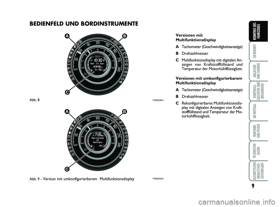 Abarth 500 2010 Betriebsanleitung (in German) BEDIENFELD UND BORDINSTRUMENTE
9
SICHERHEIT
ANLASSEN
UND FAHREN
KONTROLL-
LEUCHTEN UND
MELDUNGEN
IM NOTFALL
WARTUNG
UND PFLEGE
TECHNISCHE
DATEN
ALFABETISCHES
INHALTSVER-
ZEICHNISABS
KENNTNIS DES
FAH Abarth 500 2010 Betriebsanleitung (in German) BEDIENFELD UND BORDINSTRUMENTE
9
SICHERHEIT
ANLASSEN
UND FAHREN
KONTROLL-
LEUCHTEN UND
MELDUNGEN
IM NOTFALL
WARTUNG
UND PFLEGE
TECHNISCHE
DATEN
ALFABETISCHES
INHALTSVER-
ZEICHNISABS
KENNTNIS DES
FAH