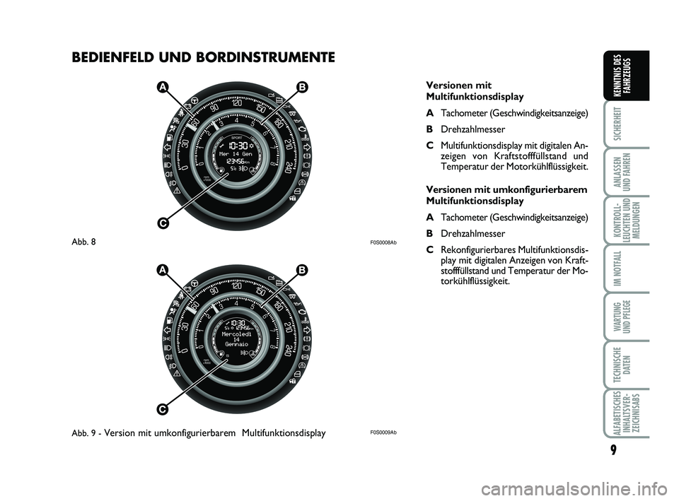 Abarth 500 2009  Betriebsanleitung (in German) BEDIENFELD UND BORDINSTRUMENTE 
9
SICHERHEIT
ANLASSEN
UND FAHREN
KONTROLL-
LEUCHTEN UND
MELDUNGEN
IM NOTFALL
WARTUNG
UND PFLEGE 
TECHNISCHE
DATEN
ALFABETISCHES
INHALTSVER-
ZEICHNISABS
KENNTNIS DES
FAH