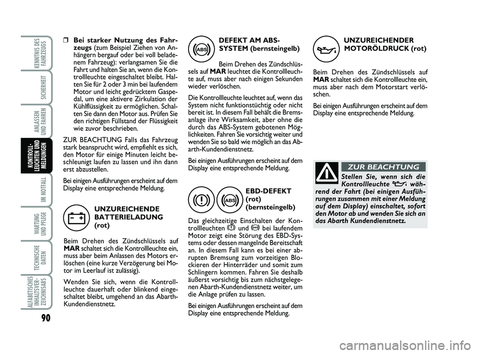Abarth 500 2010  Betriebsanleitung (in German) 90
IM NOTFALL
WARTUNG 
UND PFLEGE
TECHNISCHE
DATEN
ALFABETISCHES
INHALTSVER-
ZEICHNISABS
KENNTNIS DES
FAHRZEUGS
SICHERHEIT
ANLASSEN 
UND FAHREN
KONTROLL-
LEUCHTEN UND
MELDUNGEN
❒Bei starker Nutzung 