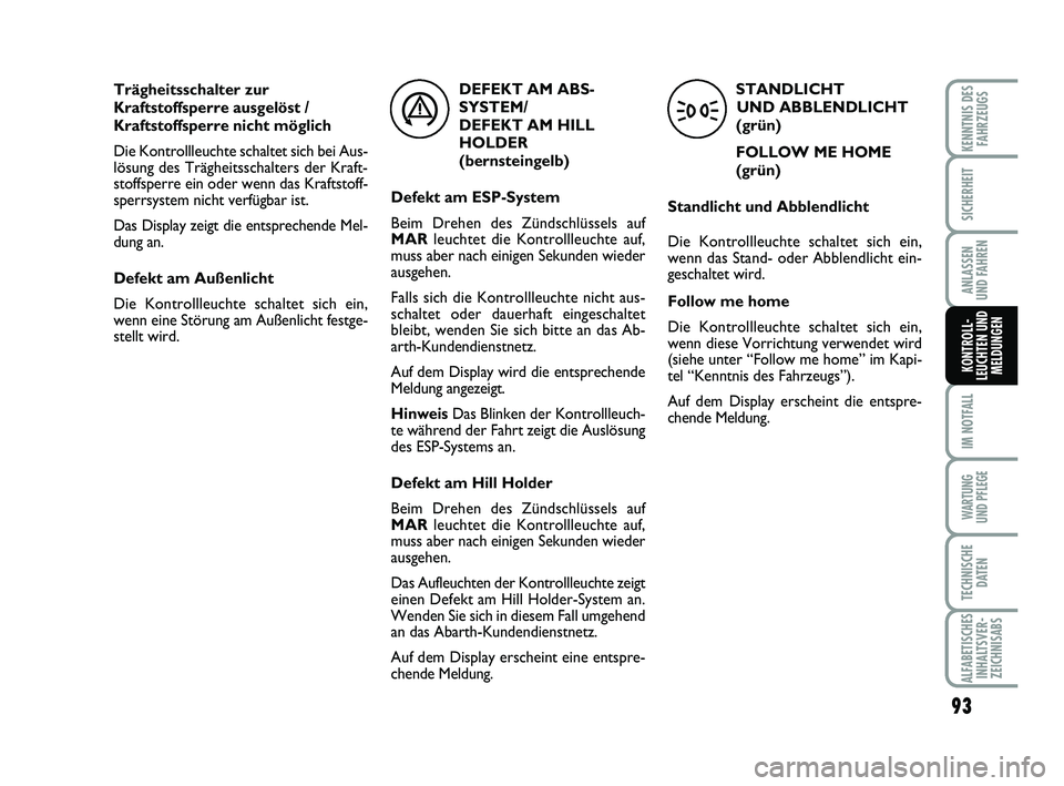 Abarth 500 2009  Betriebsanleitung (in German) 93
IM NOTFALL
WARTUNG 
UND PFLEGE
TECHNISCHE
DATEN
ALFABETISCHES
INHALTSVER-
ZEICHNISABS
KENNTNIS DES
FAHRZEUGS
SICHERHEIT
ANLASSEN 
UND FAHREN
KONTROLL-
LEUCHTEN UND
MELDUNGEN
Trägheitsschalter zur
