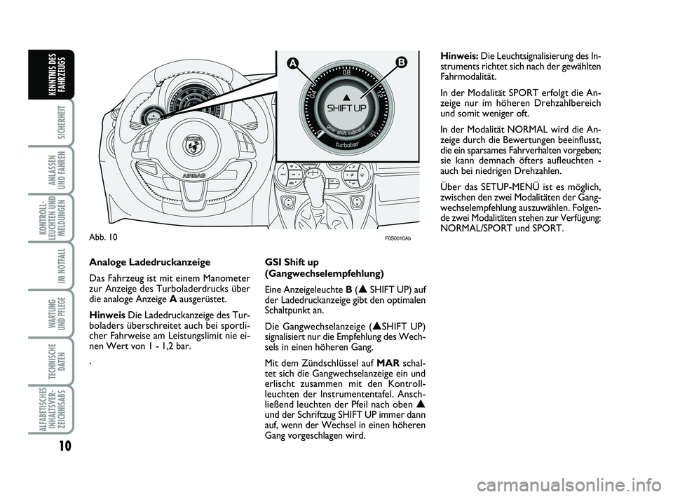 Abarth 500 2011  Betriebsanleitung (in German) 
10

SICHERHEIT

ANLASSEN
UND FAHREN

KONTROLL-
LEUCHTEN UND MELDUNGEN

IM NOTFALL

WARTUNG
UND PFLEGE 

TECHNISCHE DATEN

ALFABETISCHESINHALTSVER-ZEICHNISABS
KENNTNIS DES FAHRZEUGS


F0S0010AbAbb. 