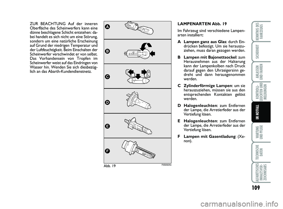 Abarth 500 2012  Betriebsanleitung (in German) 109
KONTROLL-
LEUCHTEN UND
MELDUNGEN
WARTUNG 
UND PFLEGE
TECHNISCHE
DATEN
ALFABETISCHES
INHALTSVER-
ZEICHNISABS
KENNTNIS DES
FAHRZEUGS
SICHERHEIT
ANLASSEN 
UND FAHREN
IM NOTFALL
LAMPENARTEN Abb. 19
Im