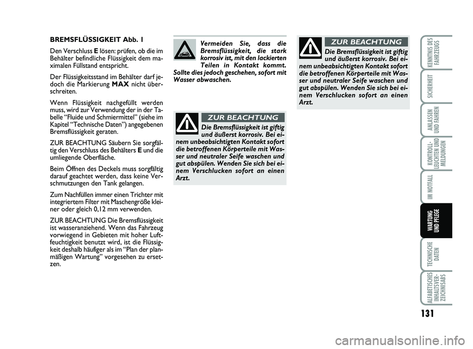 Abarth 500 2011  Betriebsanleitung (in German) 131
KONTROLL-
LEUCHTEN UND
MELDUNGEN
TECHNISCHE
DATEN
ALFABETISCHES
INHALTSVER-
ZEICHNISABS
KENNTNIS DES
FAHRZEUGS
SICHERHEIT
ANLASSEN 
UND FAHREN
IM NOTFALL
WARTUNG 
UND PFLEGE
BREMSFLÜSSIGKEIT Abb.