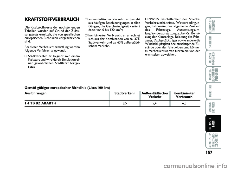 Abarth 500 2011  Betriebsanleitung (in German) ❒außerstädtischer Verkehr: er besteht
aus häufigen Beschleunigungen in allen
Gängen; die Geschwindigkeit variiert
dabei von 0 bis 120 km/h;
❒kombinierter Verbrauch: er errechnet
sich aus der K