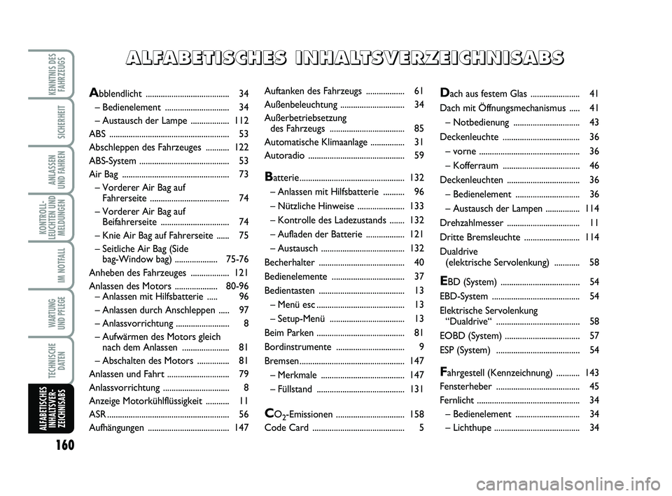 Abarth 500 2012  Betriebsanleitung (in German) Auftanken des Fahrzeugs .................. 61
Außenbeleuchtung .............................. 34
Außerbetriebsetzung 
des Fahrzeugs ...................................85
Automatische Klimaanlage ...