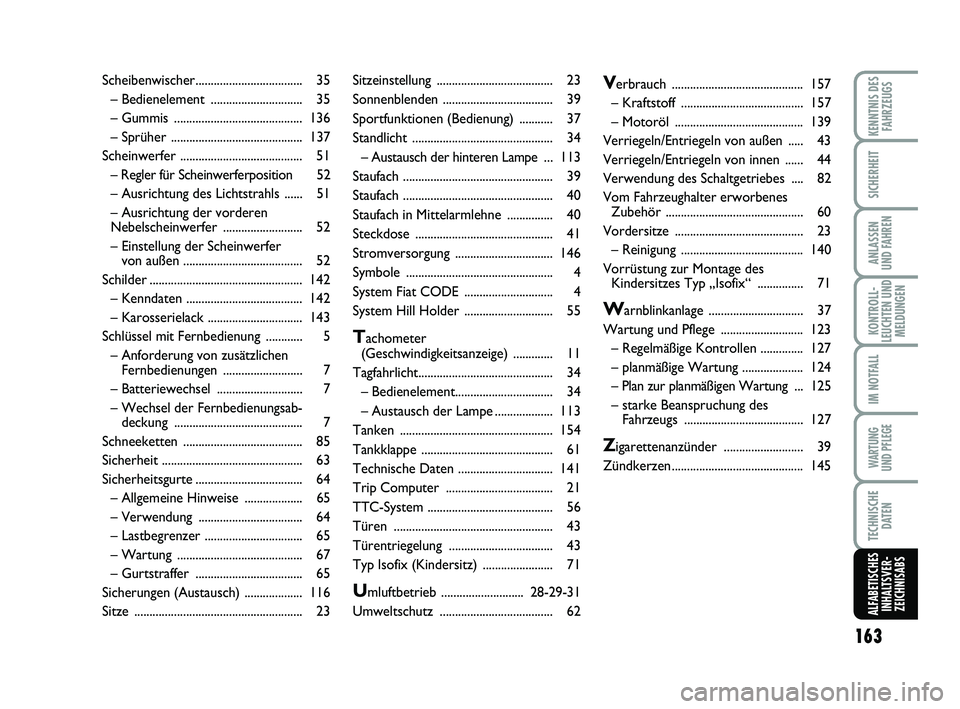 Abarth 500 2012  Betriebsanleitung (in German) 163
KONTROLL-
LEUCHTEN UND
MELDUNGEN
KENNTNIS DES
FAHRZEUGS
SICHERHEIT
ANLASSEN 
UND FAHREN
IM NOTFALL
WARTUNG 
UND PFLEGE
TECHNISCHE
DATEN
ALFABETISCHES
INHALTSVER-
ZEICHNISABS
Sitzeinstellung ......