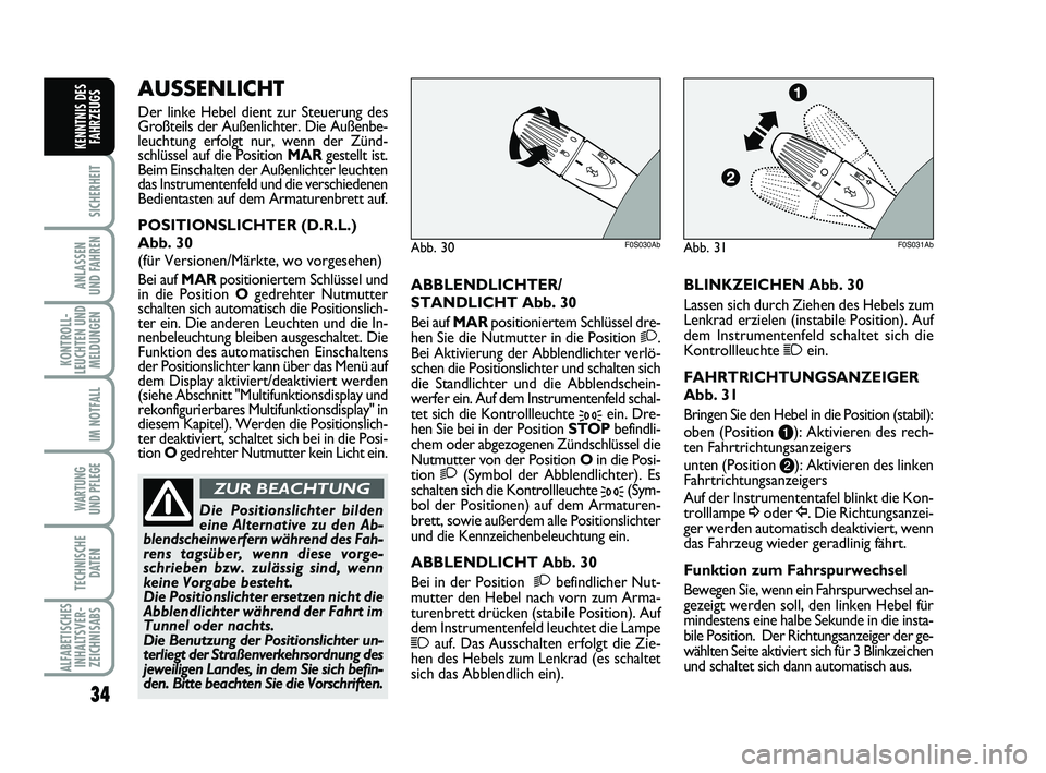 Abarth 500 2012 Betriebsanleitung (in German) 34
SICHERHEIT
ANLASSEN
UND FAHREN
KONTROLL-
LEUCHTEN UND
MELDUNGEN
IM NOTFALL
WARTUNG
UND PFLEGE
TECHNISCHE
DATEN
ALFABETISCHES
INHALTSVER-
ZEICHNISABS
KENNTNIS DES
FAHRZEUGS
ABBLENDLICHTER/
STANDLI Abarth 500 2012 Betriebsanleitung (in German) 34
SICHERHEIT
ANLASSEN
UND FAHREN
KONTROLL-
LEUCHTEN UND
MELDUNGEN
IM NOTFALL
WARTUNG
UND PFLEGE
TECHNISCHE
DATEN
ALFABETISCHES
INHALTSVER-
ZEICHNISABS
KENNTNIS DES
FAHRZEUGS
ABBLENDLICHTER/
STANDLI