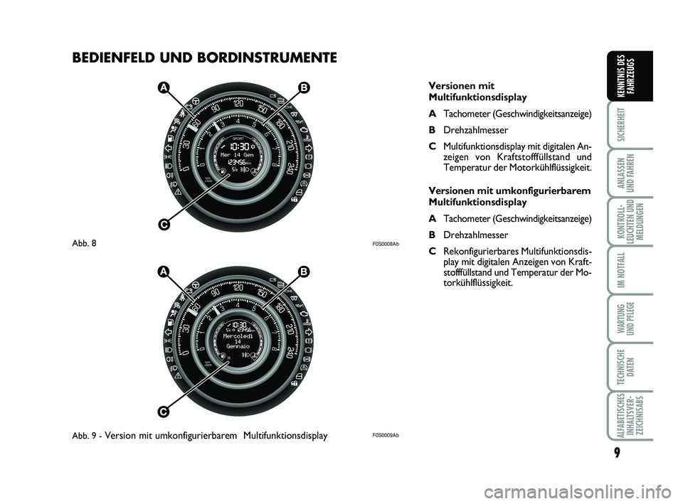 Abarth 500 2012 Betriebsanleitung (in German) BEDIENFELD UND BORDINSTRUMENTE
9
SICHERHEIT
ANLASSEN
UND FAHREN
KONTROLL-
LEUCHTEN UND
MELDUNGEN
IM NOTFALL
WARTUNG
UND PFLEGE
TECHNISCHE
DATEN
ALFABETISCHES
INHALTSVER-
ZEICHNISABS
KENNTNIS DES
FAH Abarth 500 2012 Betriebsanleitung (in German) BEDIENFELD UND BORDINSTRUMENTE
9
SICHERHEIT
ANLASSEN
UND FAHREN
KONTROLL-
LEUCHTEN UND
MELDUNGEN
IM NOTFALL
WARTUNG
UND PFLEGE
TECHNISCHE
DATEN
ALFABETISCHES
INHALTSVER-
ZEICHNISABS
KENNTNIS DES
FAH