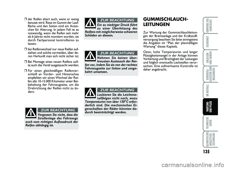 Abarth 500 2014 Betriebsanleitung (in German) 135
KONTROLL-
LEUCHTEN UND
MELDUNGEN
TECHNISCHE
DATEN
ALFABETISCHES
INHALTSVER-
ZEICHNISABS
KENNTNIS DES
FAHRZEUGS
SICHERHEIT
ANLASSEN
UND FAHREN
IM NOTFALL
WARTUNG
UND PFLEGE
GUMMISCHLAUCH-
LEITUNG Abarth 500 2014 Betriebsanleitung (in German) 135
KONTROLL-
LEUCHTEN UND
MELDUNGEN
TECHNISCHE
DATEN
ALFABETISCHES
INHALTSVER-
ZEICHNISABS
KENNTNIS DES
FAHRZEUGS
SICHERHEIT
ANLASSEN
UND FAHREN
IM NOTFALL
WARTUNG
UND PFLEGE
GUMMISCHLAUCH-
LEITUNG