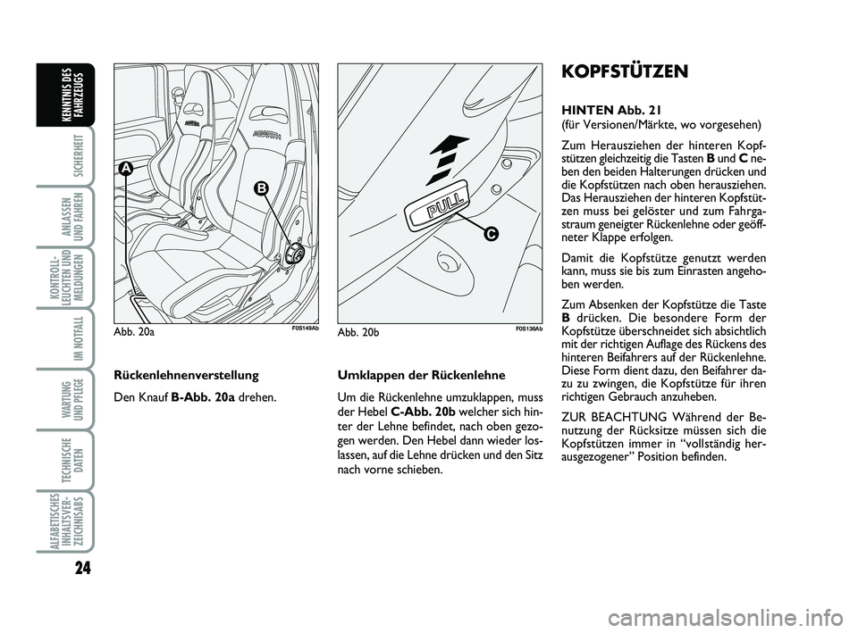 Abarth 500 2013  Betriebsanleitung (in German) 24
SICHERHEIT
ANLASSEN 
UND FAHREN
KONTROLL-
LEUCHTEN UND
MELDUNGEN
IM NOTFALL
WARTUNG 
UND PFLEGE
TECHNISCHE
DATEN
ALFABETISCHES
INHALTSVER-
ZEICHNISABS
KENNTNIS DES
FAHRZEUGS
KOPFSTÜTZEN
HINTEN Abb