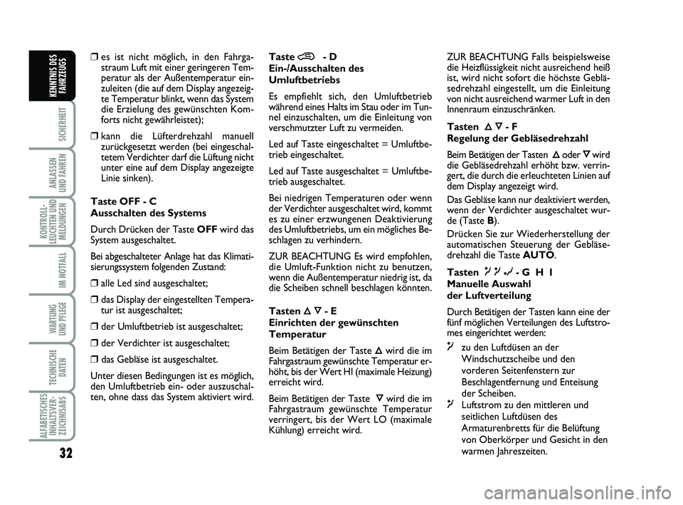 Abarth 500 2014  Betriebsanleitung (in German) 32
SICHERHEIT
ANLASSEN 
UND FAHREN
KONTROLL-
LEUCHTEN UND
MELDUNGEN
IM NOTFALL
WARTUNG 
UND PFLEGE
TECHNISCHE
DATEN
ALFABETISCHES
INHALTSVER-
ZEICHNISABS
KENNTNIS DES
FAHRZEUGS
❒es ist nicht möglic