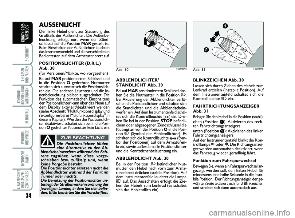 Abarth 500 2014  Betriebsanleitung (in German) 34
SICHERHEIT
ANLASSEN 
UND FAHREN
KONTROLL-
LEUCHTEN UND
MELDUNGEN
IM NOTFALL
WARTUNG 
UND PFLEGE
TECHNISCHE
DATEN
ALFABETISCHES
INHALTSVER-
ZEICHNISABS
KENNTNIS DES
FAHRZEUGS
ABBLENDLICHTER/
STANDLI