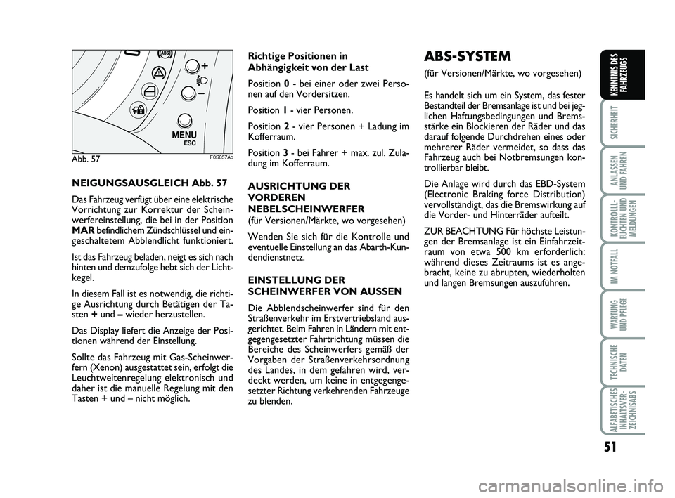 Abarth 500 2013 Betriebsanleitung (in German) 51
SICHERHEIT
ANLASSEN
UND FAHREN
KONTROLLL-
EUCHTEN UND
MELDUNGEN
IM NOTFALL
WARTUNG
UND PFLEGE
TECHNISCHE
DATEN
ALFABETISCHES
INHALTSVER-
ZEICHNISABS
KENNTNIS DES
FAHRZEUGS
NEIGUNGSAUSGLEICH Abb. Abarth 500 2013 Betriebsanleitung (in German) 51
SICHERHEIT
ANLASSEN
UND FAHREN
KONTROLLL-
EUCHTEN UND
MELDUNGEN
IM NOTFALL
WARTUNG
UND PFLEGE
TECHNISCHE
DATEN
ALFABETISCHES
INHALTSVER-
ZEICHNISABS
KENNTNIS DES
FAHRZEUGS
NEIGUNGSAUSGLEICH Abb.