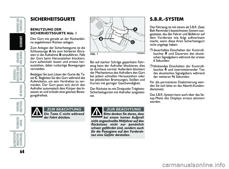 Abarth 500 2013  Betriebsanleitung (in German) 64
ANLASSEN 
UND FAHREN
KONTROLL-
LEUCHTEN UND
MELDUNGEN
IM NOTFALL
WARTUNG 
UND PFLEGE 
TECHNISCHE
DATEN
ALFABETISCHES
INHALTSVER-
ZEICHNISABS
KENNTNIS DES
FAHRZEUGS
SICHERHEIT
Bei auf starker Schrä