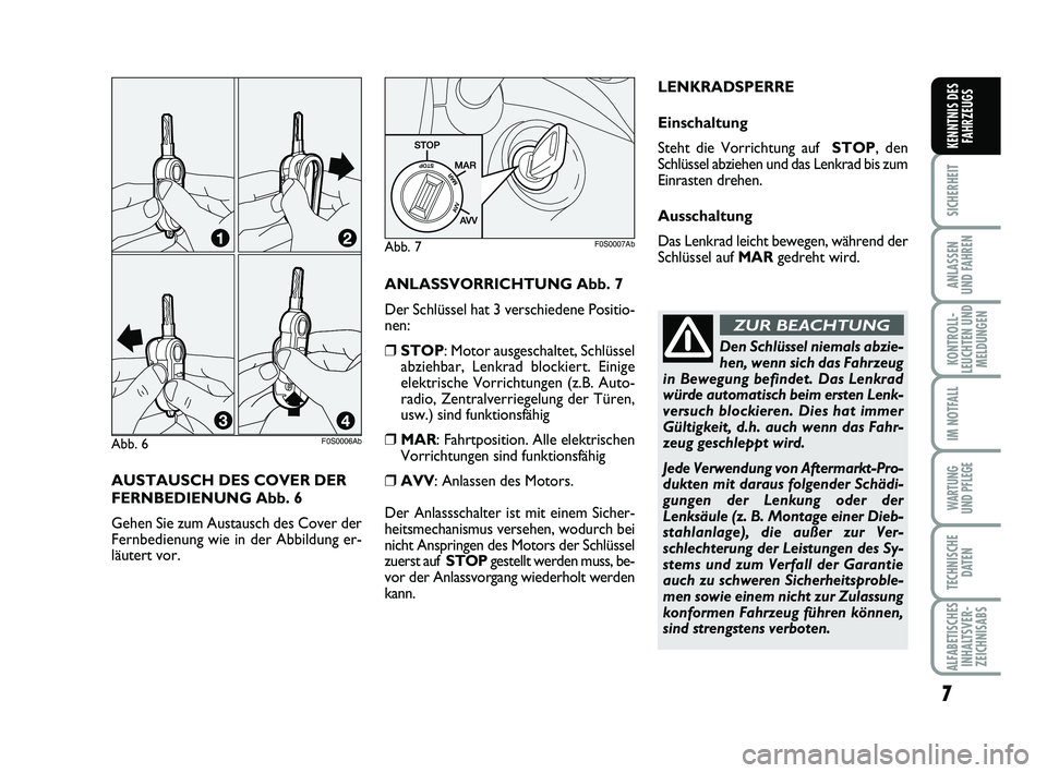 Abarth 500 2013  Betriebsanleitung (in German) AUSTAUSCH DES COVER DER
FERNBEDIENUNG Abb. 6
Gehen Sie zum Austausch des Cover der
Fernbedienung wie in der Abbildung er-
läutert vor. 
7
SICHERHEIT
ANLASSEN
UND FAHREN
KONTROLL-
LEUCHTEN UND
MELDUNG