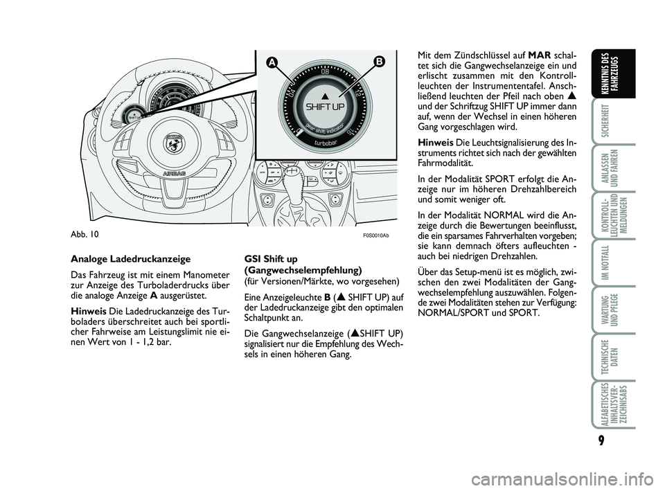 Abarth 500 2013  Betriebsanleitung (in German) 9
SICHERHEIT
ANLASSEN
UND FAHREN
KONTROLL-
LEUCHTEN UND
MELDUNGEN
IM NOTFALL
WARTUNG
UND PFLEGE 
TECHNISCHE
DATEN
ALFABETISCHES
INHALTSVER-
ZEICHNISABS
KENNTNIS DES
FAHRZEUGS

F0S0010AbAbb. 10
Mit d