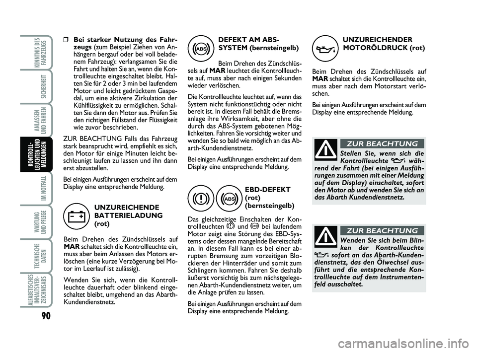 Abarth 500 2014 Betriebsanleitung (in German) 90
IM NOTFALL
WARTUNG
UND PFLEGE
TECHNISCHE
DATEN
ALFABETISCHES
INHALTSVER-
ZEICHNISABS
KENNTNIS DES
FAHRZEUGS
SICHERHEIT
ANLASSEN
UND FAHREN
KONTROLL-
LEUCHTEN UND
MELDUNGEN
❒Bei starker Nutzung Abarth 500 2014 Betriebsanleitung (in German) 90
IM NOTFALL
WARTUNG
UND PFLEGE
TECHNISCHE
DATEN
ALFABETISCHES
INHALTSVER-
ZEICHNISABS
KENNTNIS DES
FAHRZEUGS
SICHERHEIT
ANLASSEN
UND FAHREN
KONTROLL-
LEUCHTEN UND
MELDUNGEN
❒Bei starker Nutzung