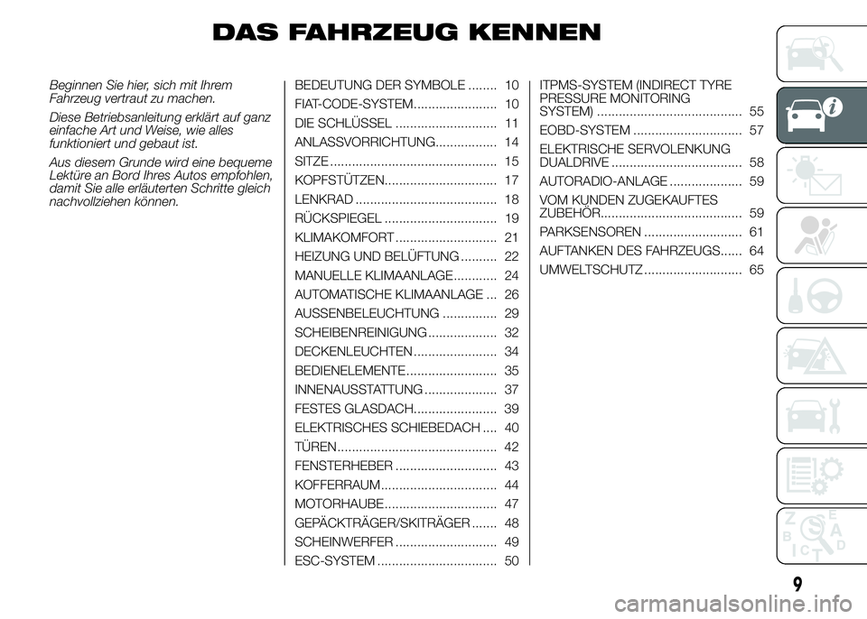 Abarth 500 2015 Betriebsanleitung (in German) DAS FAHRZEUG KENNEN
Beginnen Sie hier, sich mit Ihrem
Fahrzeug vertraut zu machen.
Diese Betriebsanleitung erklärt auf ganz
einfache Art und Weise, wie alles
funktioniert und gebaut ist.
Aus diesem G Abarth 500 2015 Betriebsanleitung (in German) DAS FAHRZEUG KENNEN
Beginnen Sie hier, sich mit Ihrem
Fahrzeug vertraut zu machen.
Diese Betriebsanleitung erklärt auf ganz
einfache Art und Weise, wie alles
funktioniert und gebaut ist.
Aus diesem G