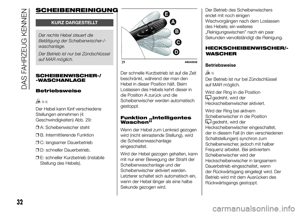 Abarth 500 2015  Betriebsanleitung (in German) SCHEIBENREINIGUNG
KURZ DARGESTELLT
Der rechte Hebel steuert die
Betätigung der Scheibenwischer-/-
waschanlage.
Der Betrieb ist nur bei Zündschlüssel
auf MAR möglich.
SCHEIBENWISCHER-/
-WASCHANLAGE