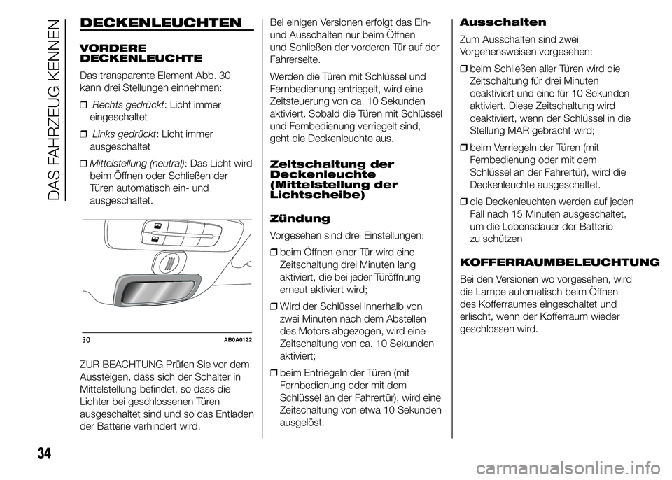 Abarth 500 2015  Betriebsanleitung (in German) DECKENLEUCHTEN
VORDERE
DECKENLEUCHTE
Das transparente Element Abb. 30
kann drei Stellungen einnehmen:
❒Rechts gedrückt: Licht immer
eingeschaltet
❒Links gedrückt: Licht immer
ausgeschaltet
❒Mi