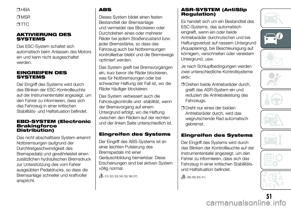 Abarth 500 2015  Betriebsanleitung (in German) ❒HBA
❒MSR
❒TTC
AKTIVIERUNG DES
SYSTEMS
Das ESC-System schaltet sich
automatisch beim Anlassen des Motors
ein und kann nicht ausgeschaltet
werden.
EINGREIFEN DES
SYSTEMS
Der Eingriff des Systems 