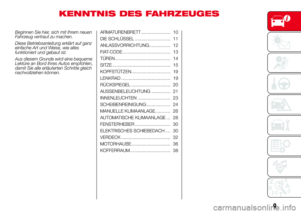 Abarth 500 2017 Betriebsanleitung (in German) KENNTNIS DES FAHRZEUGES
Beginnen Sie hier, sich mit Ihrem neuen
Fahrzeug vertraut zu machen.
Diese Betriebsanleitung erklärt auf ganz
einfache Art und Weise, wie alles
funktioniert und gebaut ist.
Au Abarth 500 2017 Betriebsanleitung (in German) KENNTNIS DES FAHRZEUGES
Beginnen Sie hier, sich mit Ihrem neuen
Fahrzeug vertraut zu machen.
Diese Betriebsanleitung erklärt auf ganz
einfache Art und Weise, wie alles
funktioniert und gebaut ist.
Au
