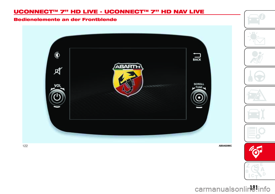 Abarth 500 2017 Betriebsanleitung (in German) UCONNECT™ 7” HD LIVE - UCONNECT™ 7” HD NAV LIVE.
Bedienelemente an der Frontblende
122AB0A0399C
181 Abarth 500 2017 Betriebsanleitung (in German) UCONNECT™ 7” HD LIVE - UCONNECT™ 7” HD NAV LIVE.
Bedienelemente an der Frontblende
122AB0A0399C
181