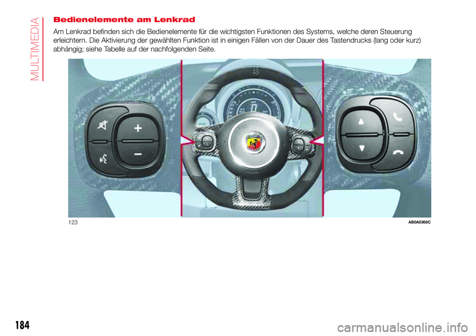 Abarth 500 2017 Betriebsanleitung (in German) Bedienelemente am Lenkrad
Am Lenkrad befinden sich die Bedienelemente für die wichtigsten Funktionen des Systems, welche deren Steuerung
erleichtern. Die Aktivierung der gewählten Funktion ist in ei Abarth 500 2017 Betriebsanleitung (in German) Bedienelemente am Lenkrad
Am Lenkrad befinden sich die Bedienelemente für die wichtigsten Funktionen des Systems, welche deren Steuerung
erleichtern. Die Aktivierung der gewählten Funktion ist in ei
