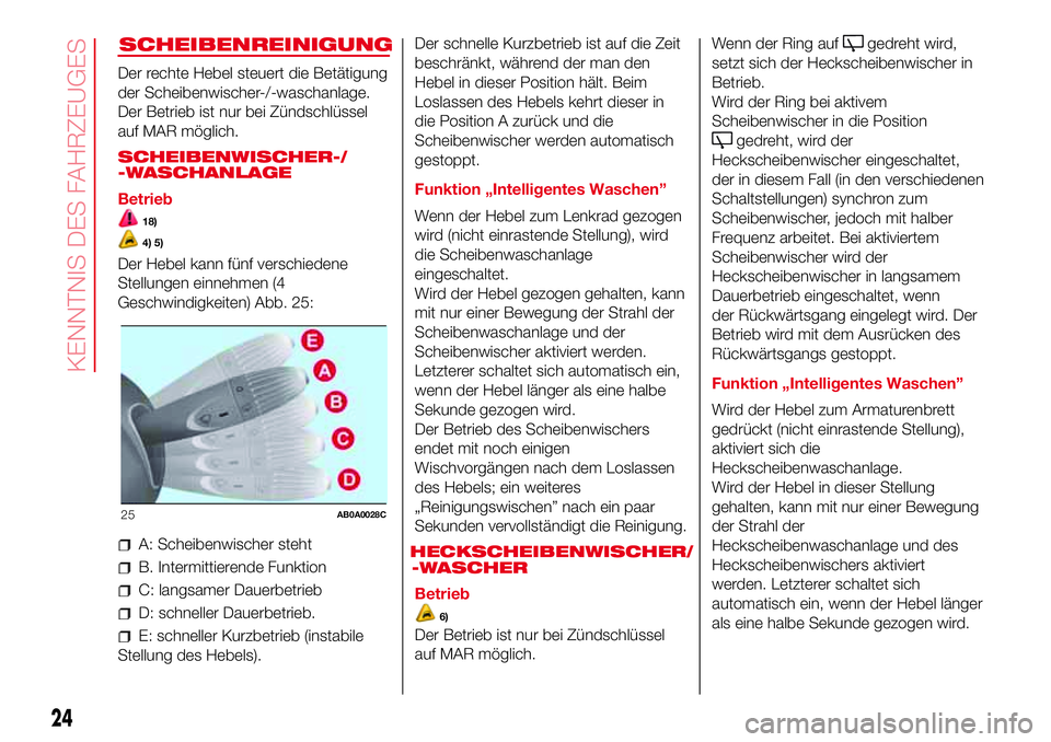 Abarth 500 2017 Betriebsanleitung (in German) SCHEIBENREINIGUNG
Der rechte Hebel steuert die Betätigung
der Scheibenwischer-/-waschanlage.
Der Betrieb ist nur bei Zündschlüssel
auf MAR möglich.
SCHEIBENWISCHER-/
-WASCHANLAGE
Betrieb
18)
4) 5) Abarth 500 2017 Betriebsanleitung (in German) SCHEIBENREINIGUNG
Der rechte Hebel steuert die Betätigung
der Scheibenwischer-/-waschanlage.
Der Betrieb ist nur bei Zündschlüssel
auf MAR möglich.
SCHEIBENWISCHER-/
-WASCHANLAGE
Betrieb
18)
4) 5)