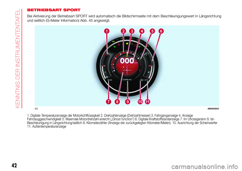 Abarth 500 2017 Betriebsanleitung (in German) BETRIEBSART SPORT
Bei Aktivierung der Betriebsart SPORT wird automatisch die Bildschirmseite mit dem Beschleunigungswert in Längsrichtung
und seitlich (G-Meter Information) Abb. 45 angezeigt;
1. Digi Abarth 500 2017 Betriebsanleitung (in German) BETRIEBSART SPORT
Bei Aktivierung der Betriebsart SPORT wird automatisch die Bildschirmseite mit dem Beschleunigungswert in Längsrichtung
und seitlich (G-Meter Information) Abb. 45 angezeigt;
1. Digi