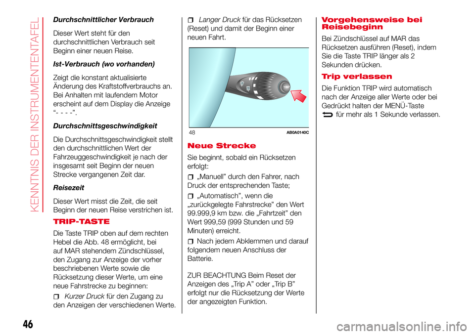 Abarth 500 2017 Betriebsanleitung (in German) Durchschnittlicher Verbrauch
Dieser Wert steht für den
durchschnittlichen Verbrauch seit
Beginn einer neuen Reise.
Ist-Verbrauch (wo vorhanden)
Zeigt die konstant aktualisierte
Änderung des Kraftsto Abarth 500 2017 Betriebsanleitung (in German) Durchschnittlicher Verbrauch
Dieser Wert steht für den
durchschnittlichen Verbrauch seit
Beginn einer neuen Reise.
Ist-Verbrauch (wo vorhanden)
Zeigt die konstant aktualisierte
Änderung des Kraftsto