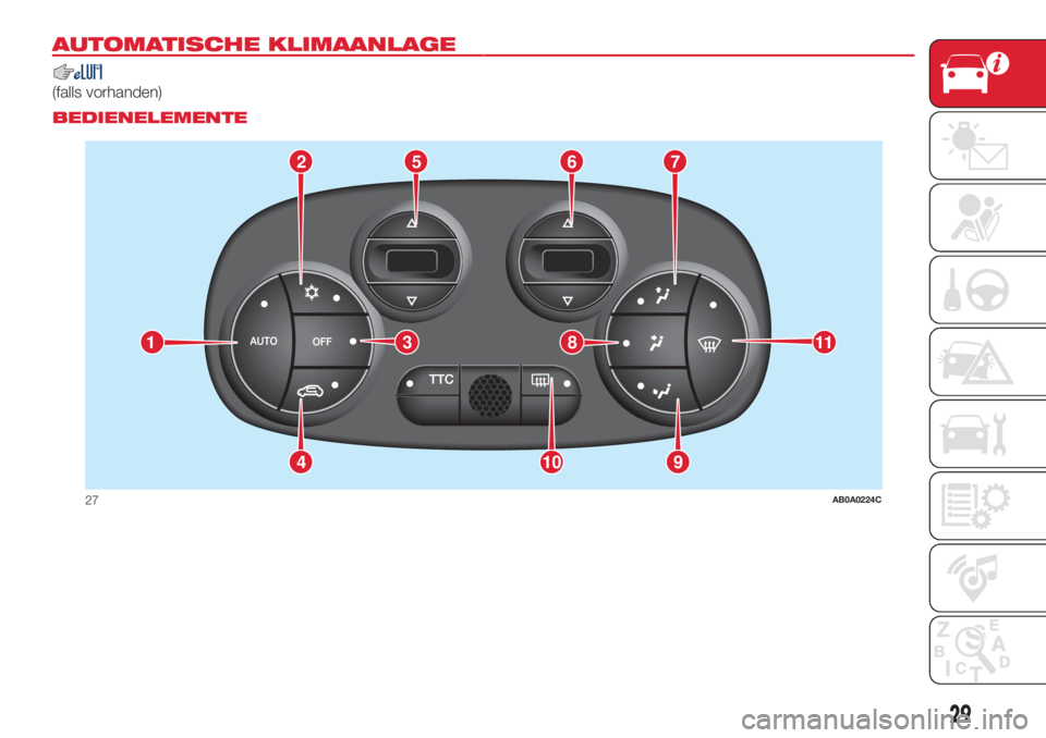 Abarth 500 2018  Betriebsanleitung (in German) AUTOMATISCHE KLIMAANLAGE.
(falls vorhanden).
BEDIENELEMENTE
2765
9104
11381
27AB0A0224C
29 