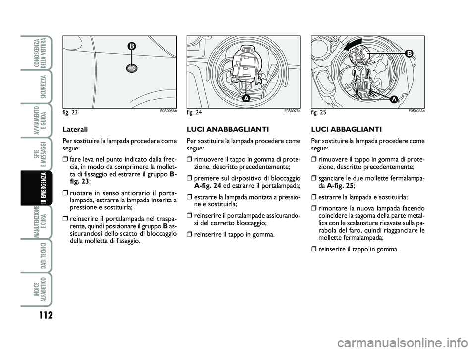 Abarth 500 2008  Libretto Uso Manutenzione (in Italian) 112
SPIE 
E MESSAGGI
MANUTENZIONE
E CURA 
DATI TECNICI
INDICE 
ALFABETICO
CONOSCENZADELLA VETTURA
SICUREZZA
AVVIAMENTO 
E GUIDA
IN EMERGENZA
LUCI ABBAGLIANTI
Per sostituire la lampada procedere come
s