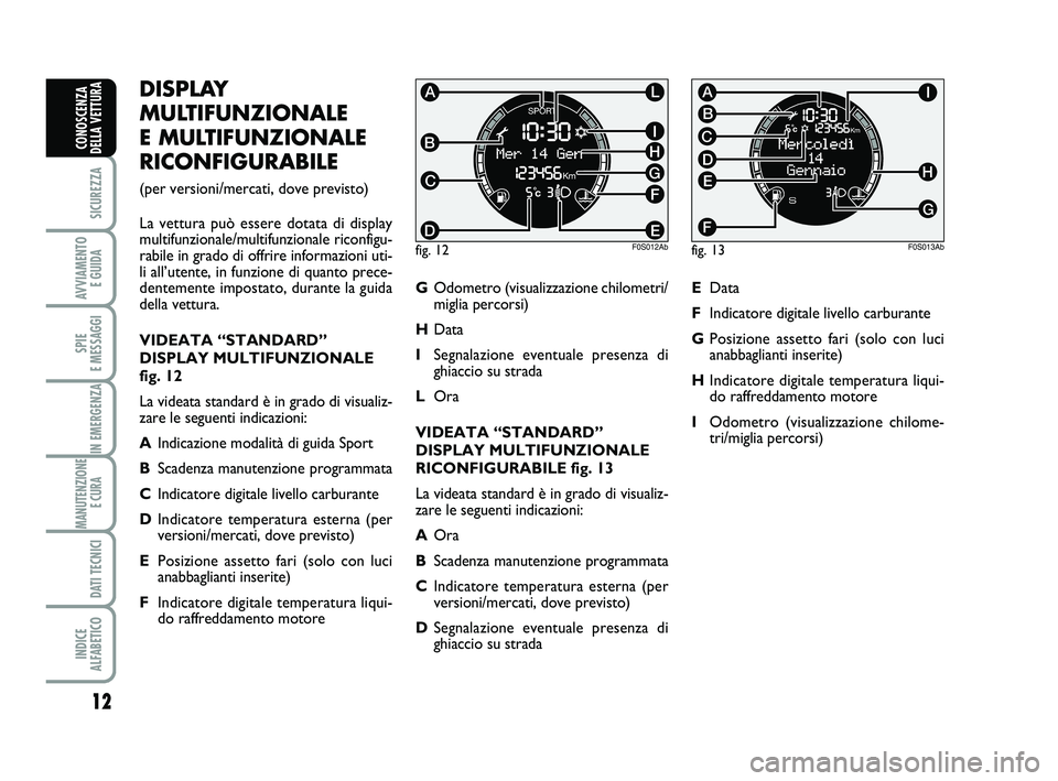 Abarth 500 2010  Libretto Uso Manutenzione (in Italian) 12
SICUREZZA
AVVIAMENTO 
E GUIDA
SPIE 
E MESSAGGI
IN EMERGENZA
MANUTENZIONE
E CURA 
DATI TECNICI
INDICE 
ALFABETICO
CONOSCENZA
DELLA VETTURA
DISPLAY
MULTIFUNZIONALE 
E MULTIFUNZIONALE
RICONFIGURABILE 